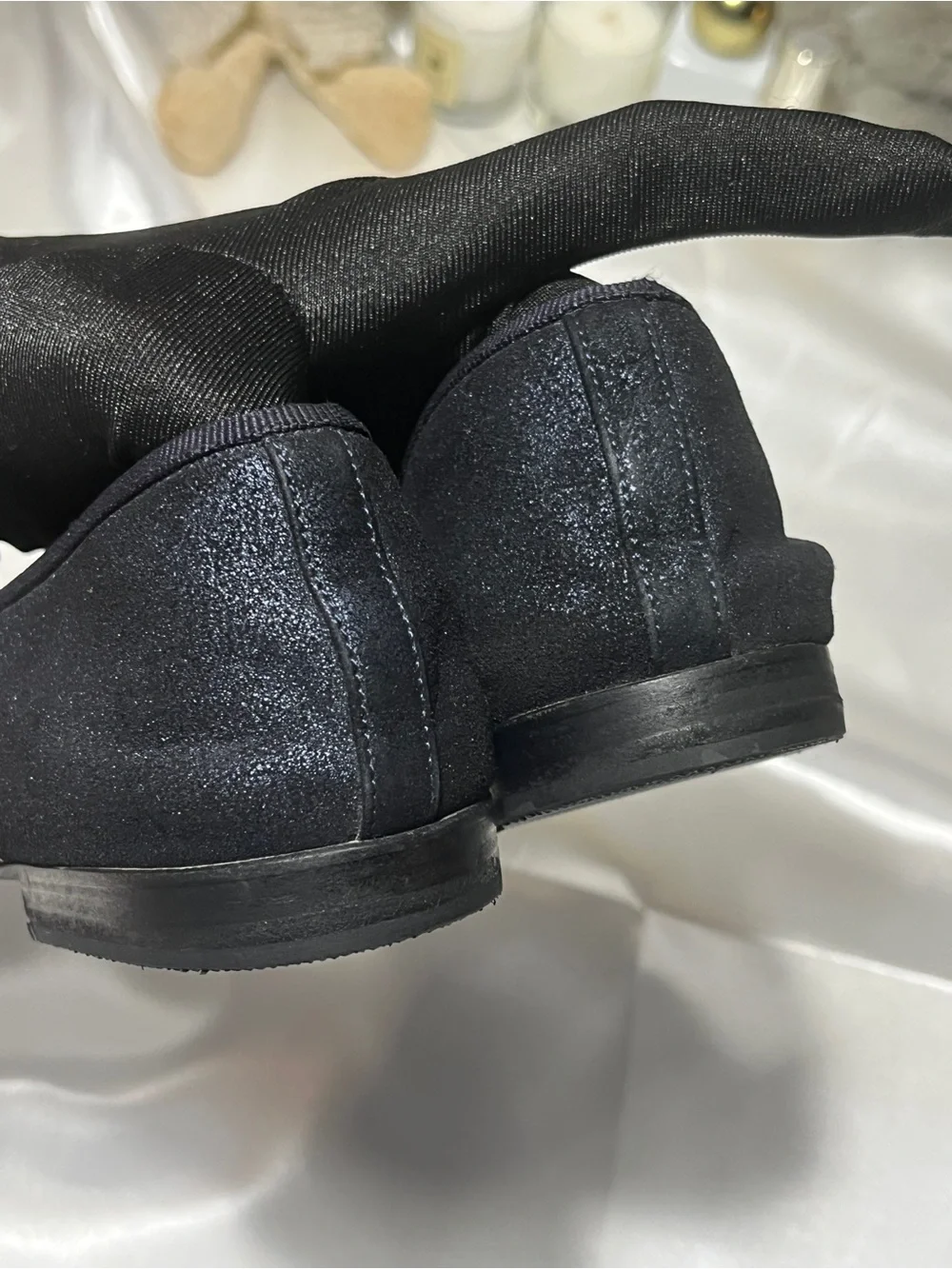 CHANEL Black Cap-Toe navy suede Ballet Flats with CC Logo